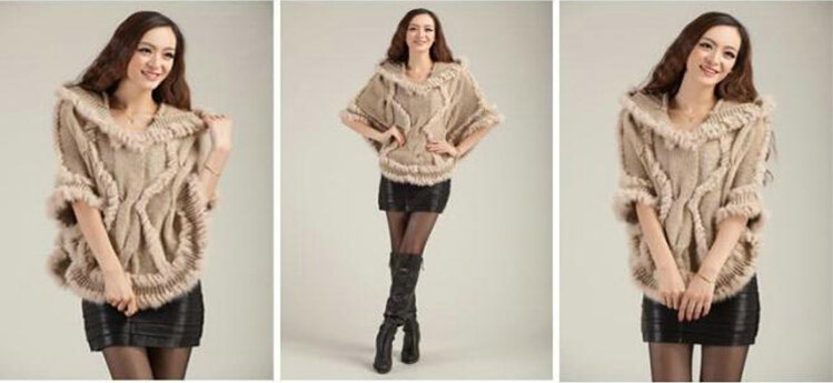 Autumn Winter Real Rabbit Fur Shawl Women Sweater Poncho With Hoody Knitted Pullovers khaki