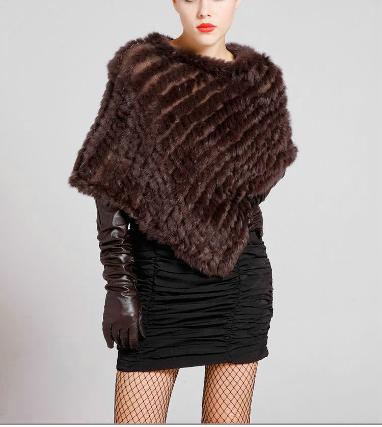 Calssic Fashion knitted Rabbit Fur Shawl Party Wrap Women's Triangle Knitted Rabbit Fur Poncho - Coffee