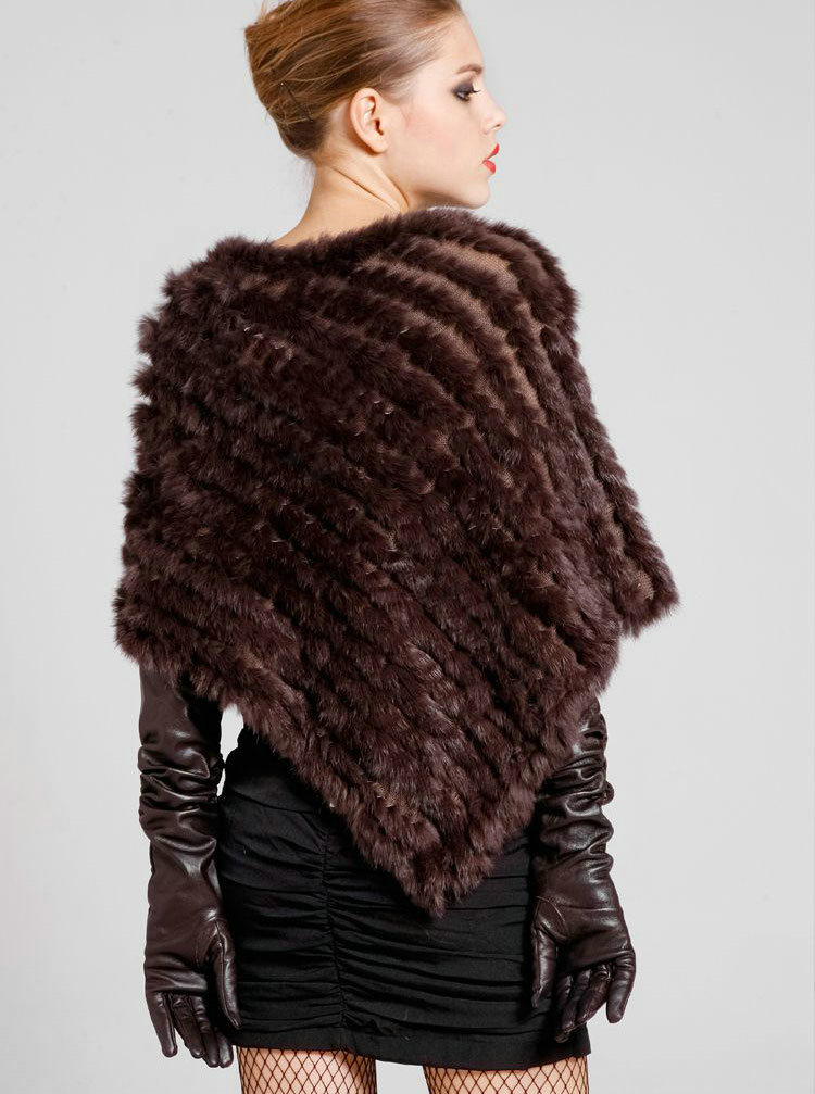 Calssic Fashion knitted Rabbit Fur Shawl Party Wrap Women's Triangle Knitted Rabbit Fur Poncho - Coffee