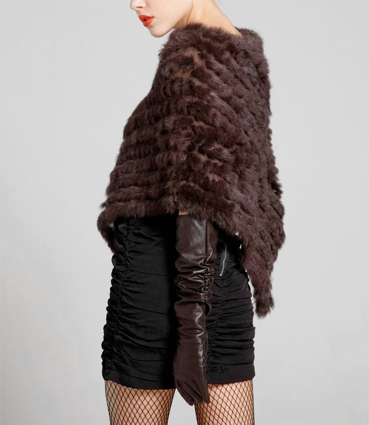 Calssic Fashion knitted Rabbit Fur Shawl Party Wrap Women's Triangle Knitted Rabbit Fur Poncho - Coffee