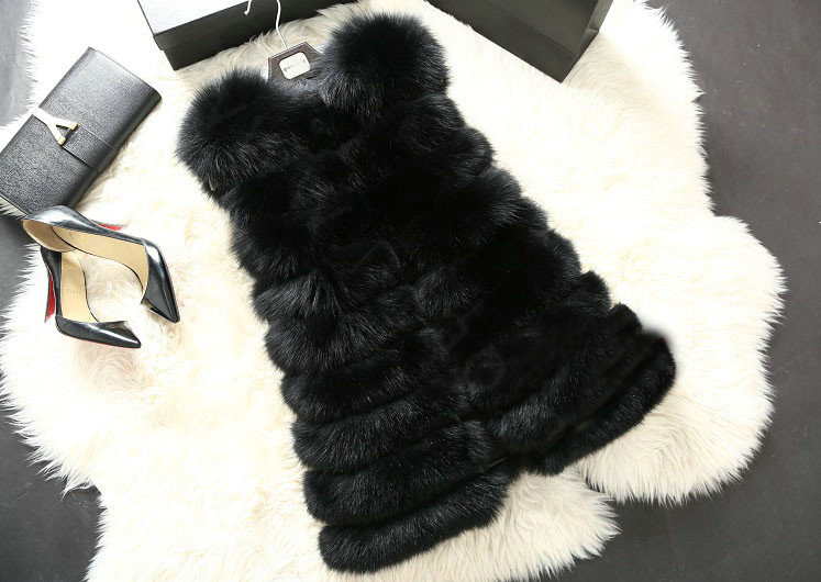 Calssic Luxury Genuine Real Whole Fox Fur Vest Fashion Women Medium-long Fur Gliet - Black