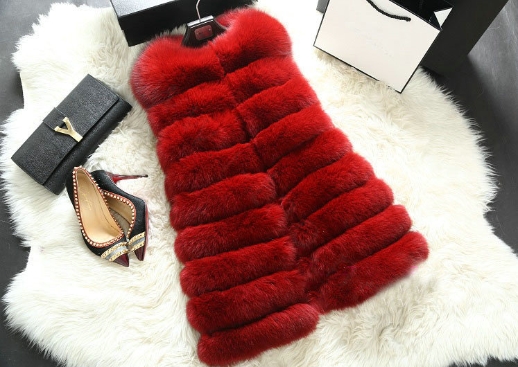 Calssic Luxury Genuine Real Whole Fox Fur Vest Fashion Women Medium-long Fur Gliet - Red