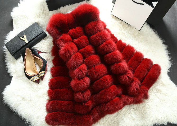 Calssic Luxury Genuine Real Whole Fox Fur Vest Fashion Women Medium-long Fur Gliet - Red