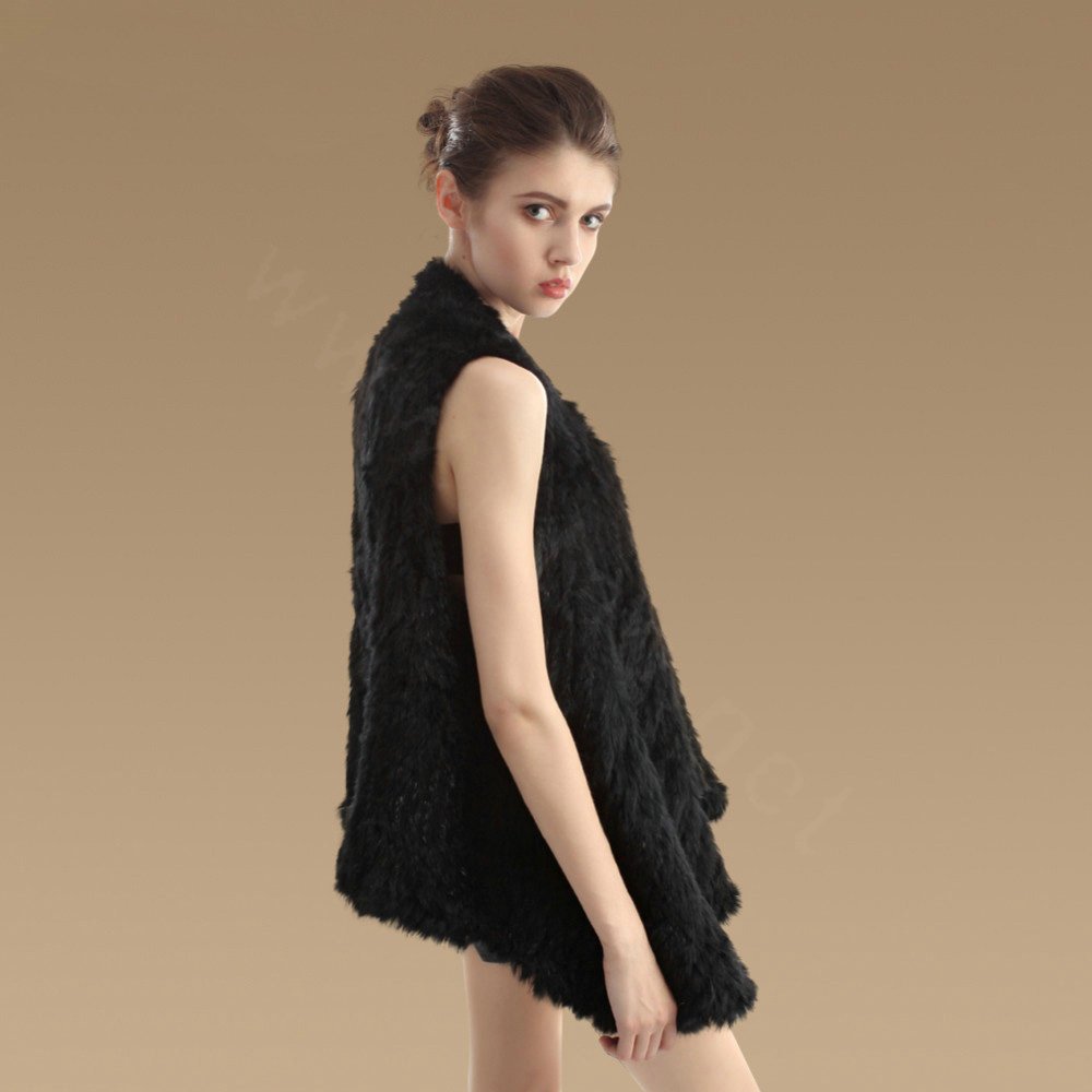 Calssic Luxury Natural Rabbit Fur Vests Gilet Women Irregular Knitted Rabbit Fur Waistcoat - Black