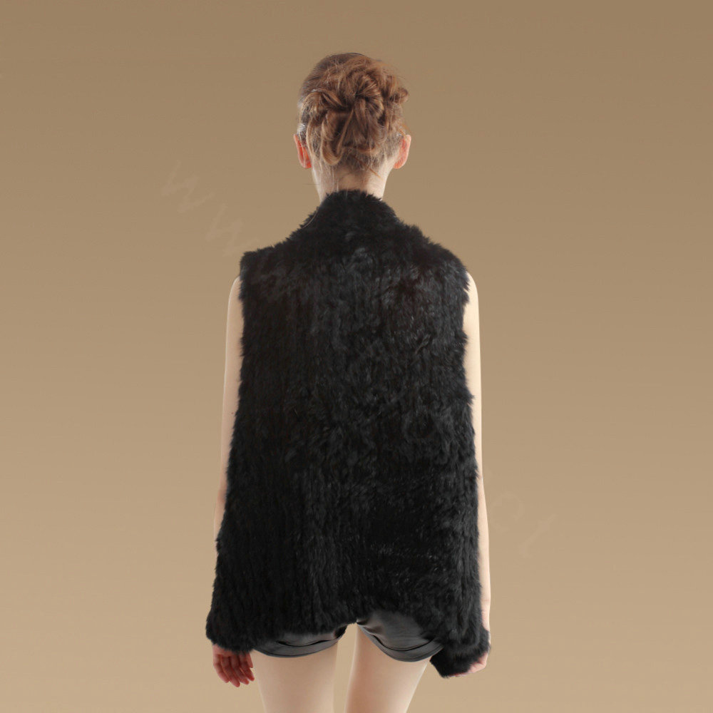 Calssic Luxury Natural Rabbit Fur Vests Gilet Women Irregular Knitted Rabbit Fur Waistcoat - Black