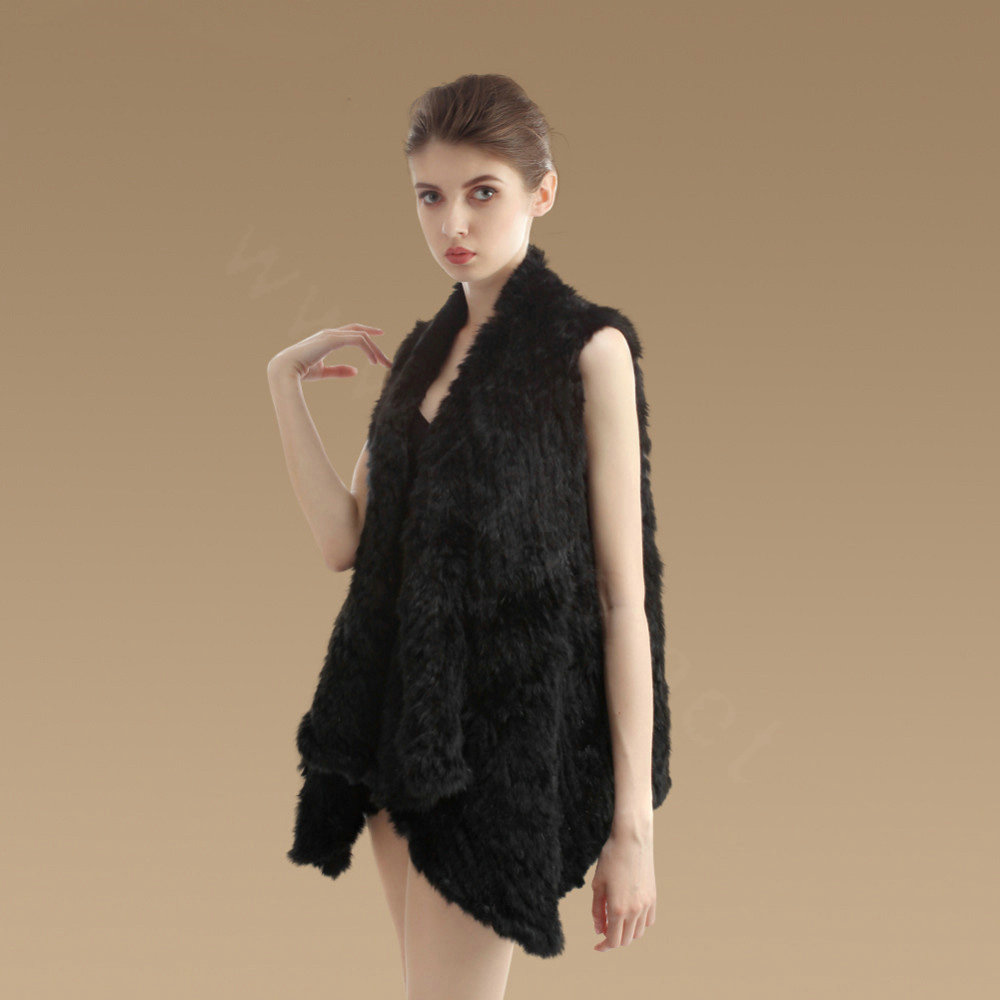 Calssic Luxury Natural Rabbit Fur Vests Gilet Women Irregular Knitted Rabbit Fur Waistcoat - Black