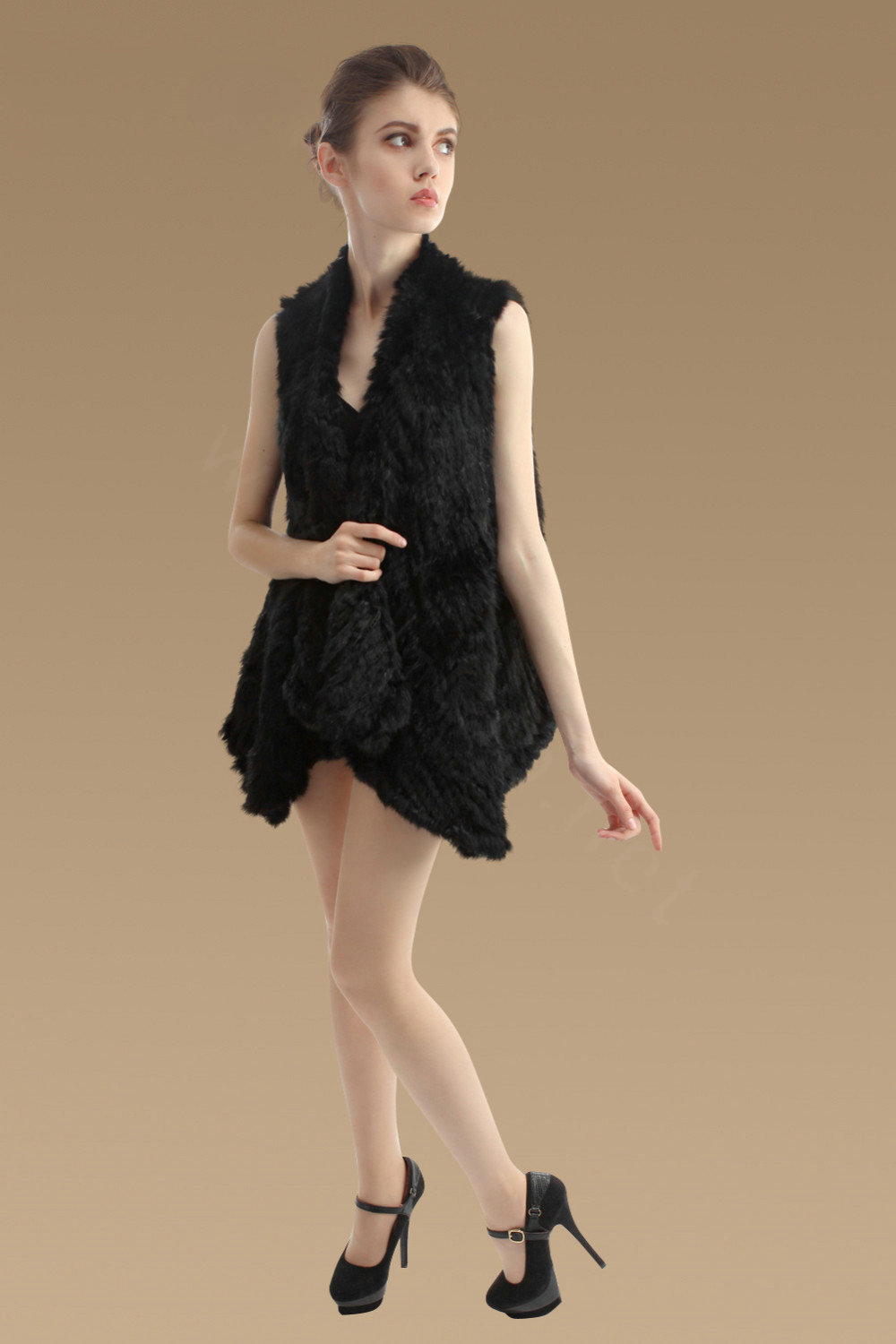 Calssic Luxury Natural Rabbit Fur Vests Gilet Women Irregular Knitted Rabbit Fur Waistcoat - Black