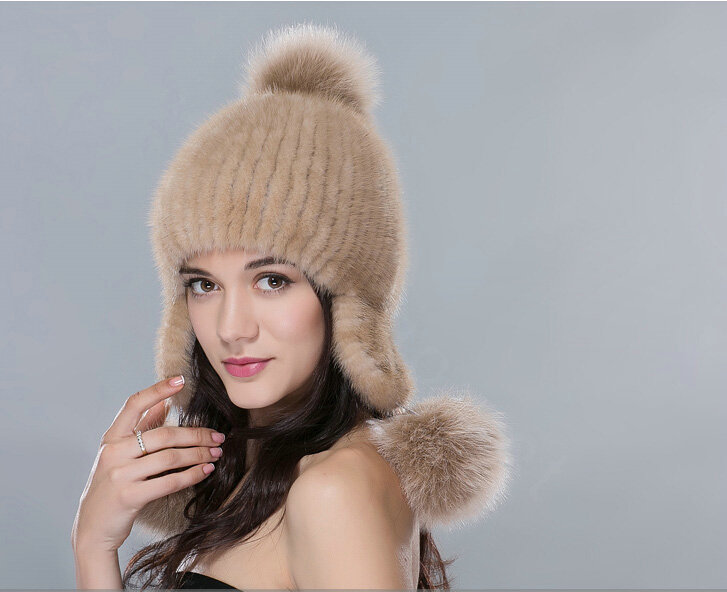 Calssic Winter Genuine Mink Fur Caps With Fox Fur Pom Poms Women Knitted Bomber Hat - Camel
