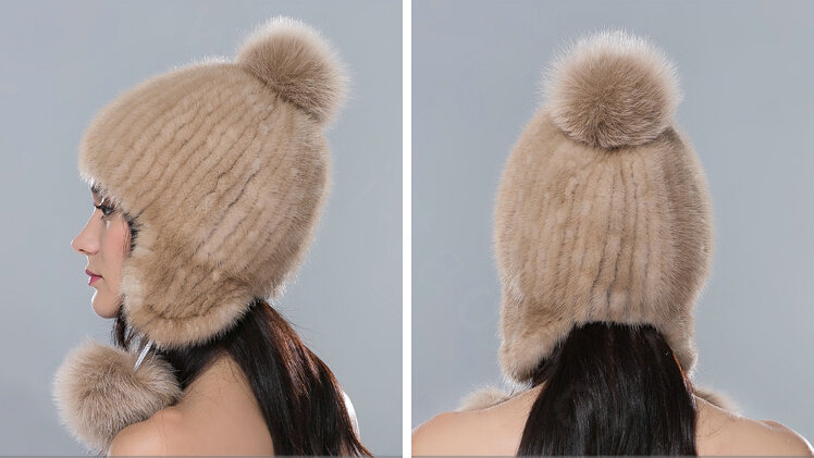 Calssic Winter Genuine Mink Fur Caps With Fox Fur Pom Poms Women Knitted Bomber Hat - Camel