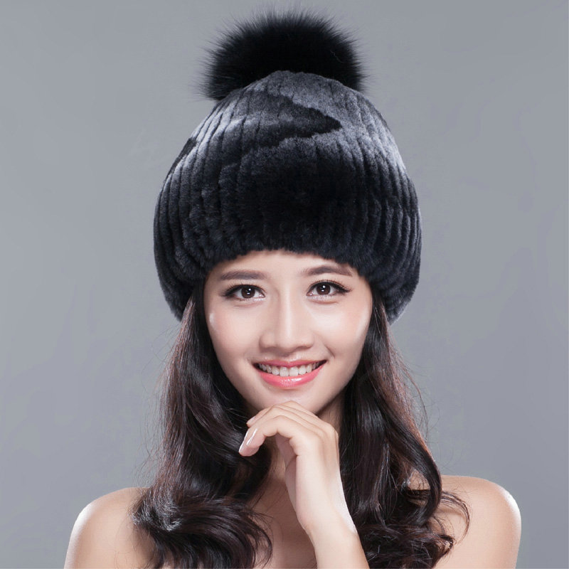 Calssic Winter Real Rabbit Fur Hat With Fox Fur Ball Women Knitted Casual Snow Caps - Black Grey