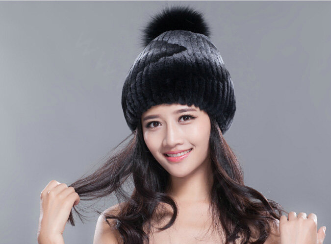 Calssic Winter Real Rabbit Fur Hat With Fox Fur Ball Women Knitted Casual Snow Caps - Black Grey