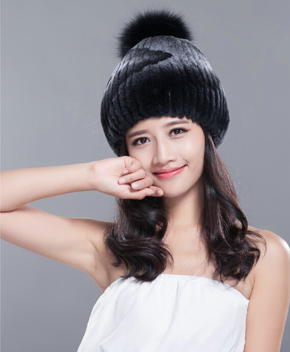 Calssic Winter Real Rabbit Fur Hat With Fox Fur Ball Women Knitted Casual Snow Caps - Black Grey