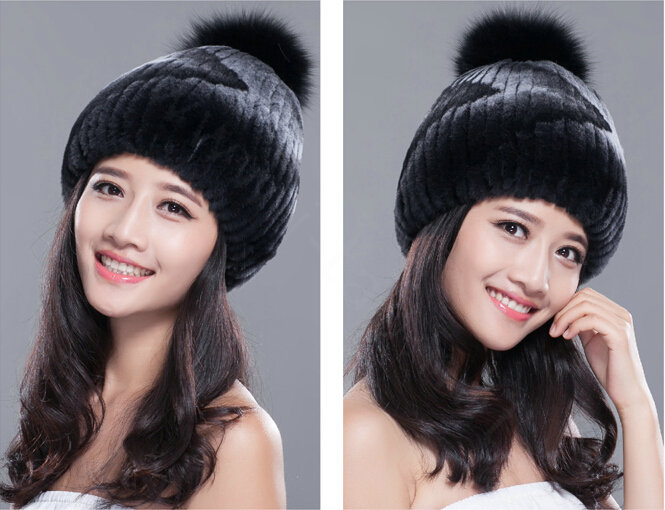 Calssic Winter Real Rabbit Fur Hat With Fox Fur Ball Women Knitted Casual Snow Caps - Black Grey