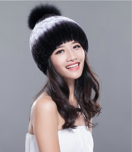 Calssic Winter Real Rabbit Fur Hat With Fox Fur Ball Women Knitted Casual Snow Caps - Black Purple