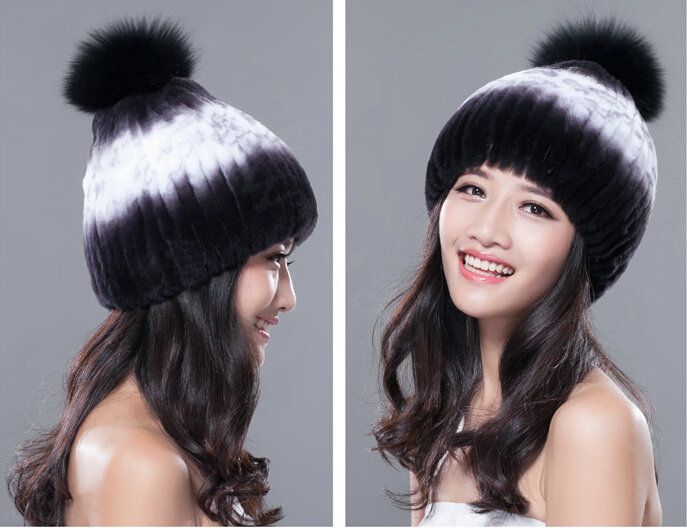 Calssic Winter Real Rabbit Fur Hat With Fox Fur Ball Women Knitted Casual Snow Caps - Black Purple
