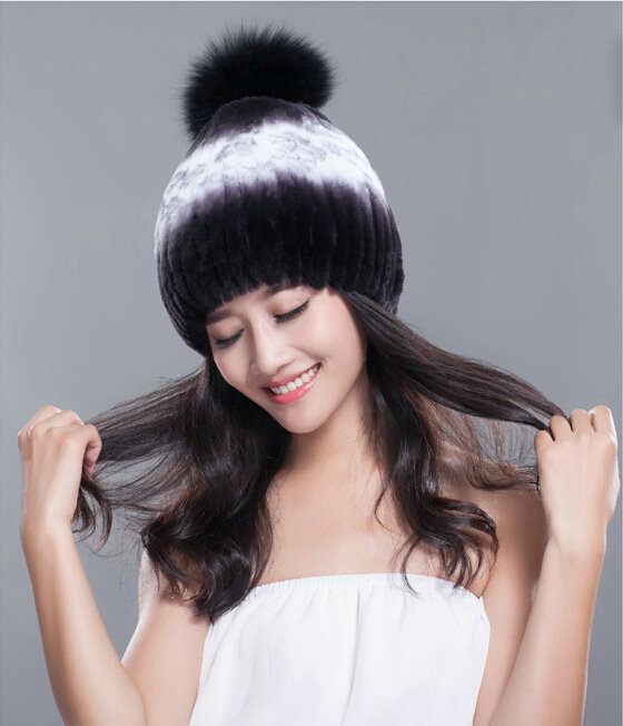 Calssic Winter Real Rabbit Fur Hat With Fox Fur Ball Women Knitted Casual Snow Caps - Black Purple