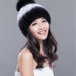 Calssic Winter Real Rabbit Fur Hat With Fox Fur Ball Women Knitted Casual Snow Caps - Black Purple