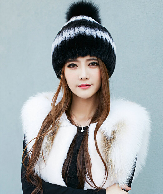 Calssic Winter Real Rabbit Fur Hat With Fox Fur Ball Women Knitted Casual Snow Caps - Black White