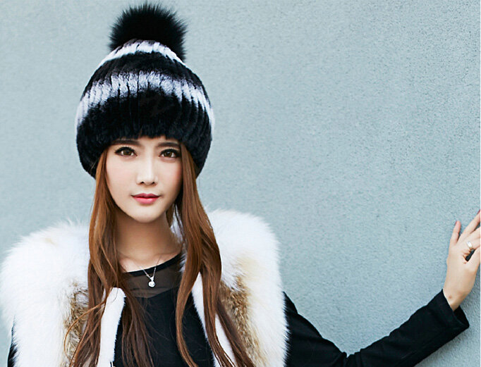 Calssic Winter Real Rabbit Fur Hat With Fox Fur Ball Women Knitted Casual Snow Caps - Black White