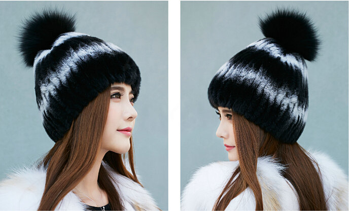 Calssic Winter Real Rabbit Fur Hat With Fox Fur Ball Women Knitted Casual Snow Caps - Black White