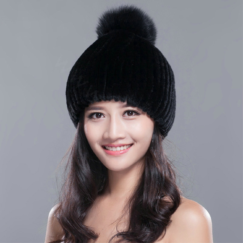 Calssic Winter Real Rabbit Fur Hat With Fox Fur Ball Women Knitted Casual Snow Caps - Black