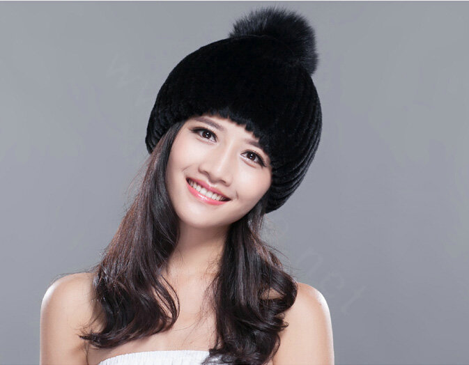 Calssic Winter Real Rabbit Fur Hat With Fox Fur Ball Women Knitted Casual Snow Caps - Black