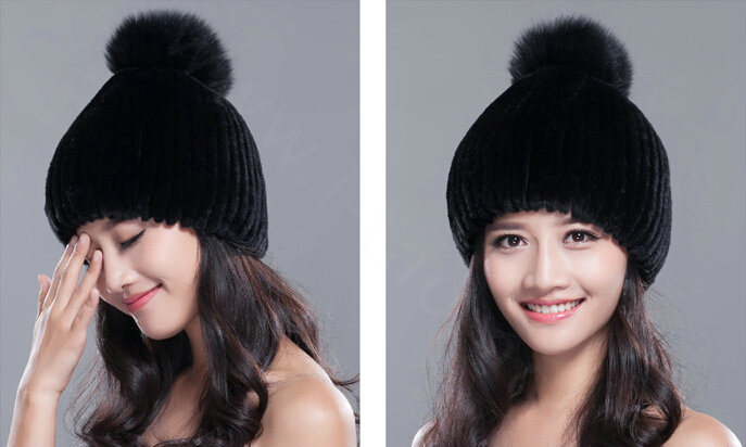 Calssic Winter Real Rabbit Fur Hat With Fox Fur Ball Women Knitted Casual Snow Caps - Black