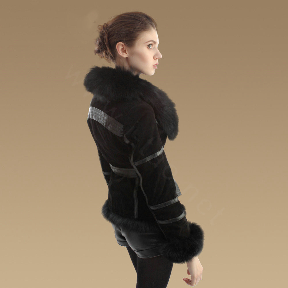 Cool Genuine Pig Leather Coat With Large Fox Fur Collar Women Winter Belt Fur Jacket - Black