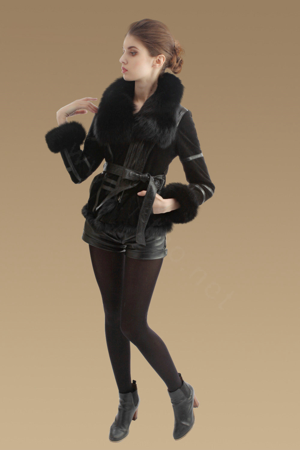 Cool Genuine Pig Leather Coat With Large Fox Fur Collar Women Winter Belt Fur Jacket - Black