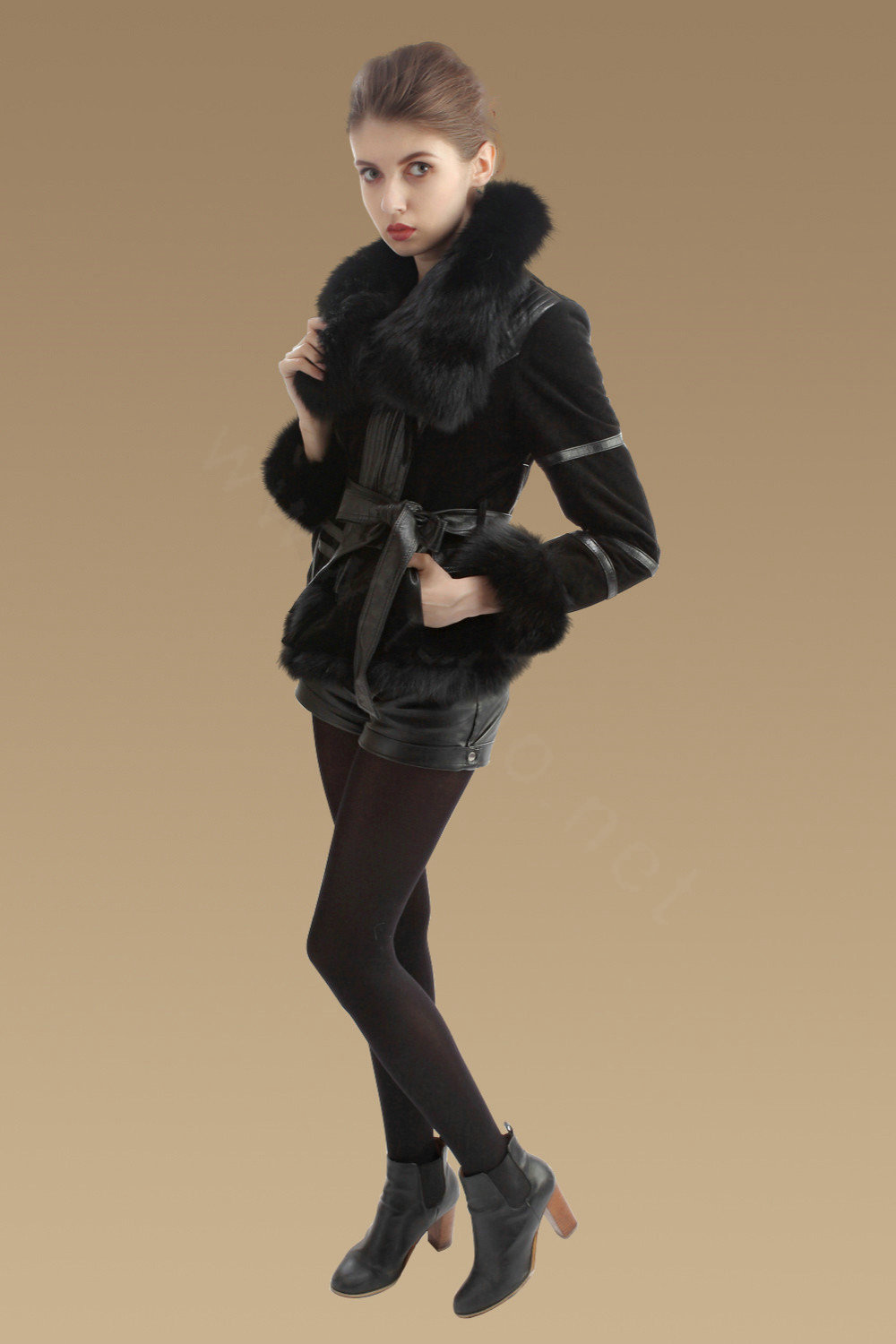 Cool Genuine Pig Leather Coat With Large Fox Fur Collar Women Winter Belt Fur Jacket - Black