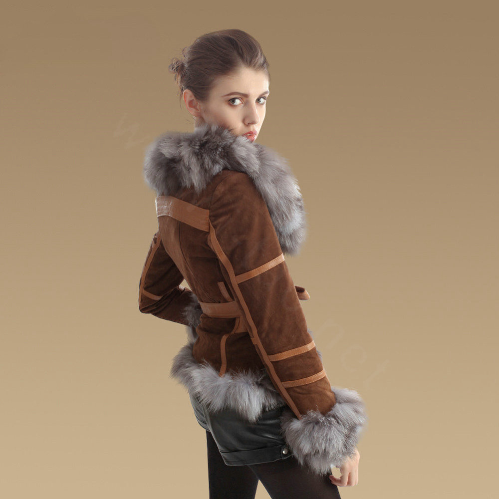 Cool Genuine Pig Leather Coat With Large Fox Fur Collar Women Winter Belt Fur Jacket - Camel
