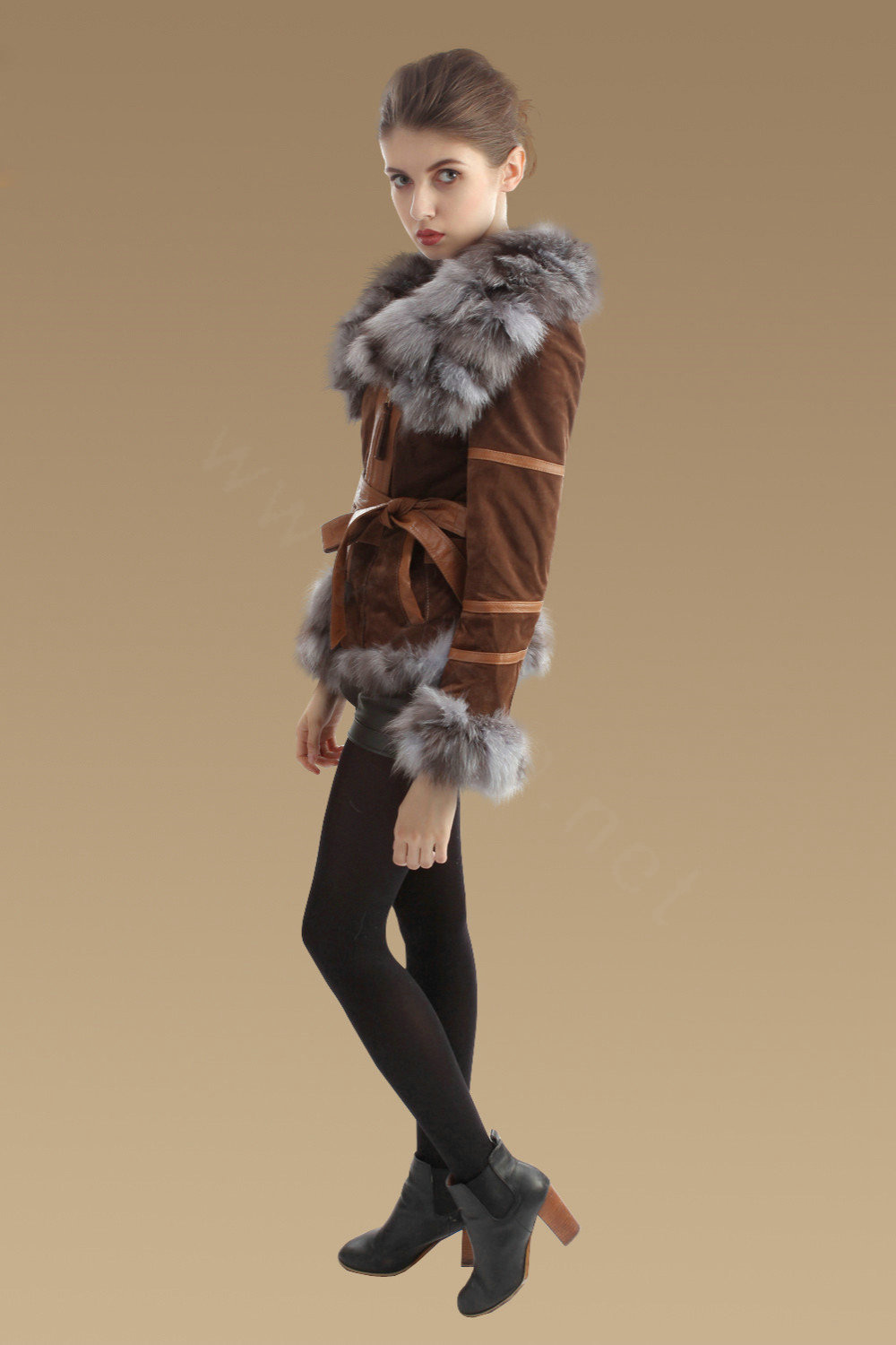 Cool Genuine Pig Leather Coat With Large Fox Fur Collar Women Winter Belt Fur Jacket - Camel