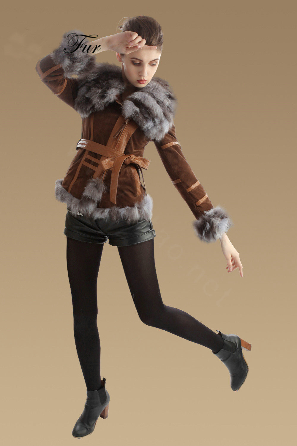 Cool Genuine Pig Leather Coat With Large Fox Fur Collar Women Winter Belt Fur Jacket - Camel