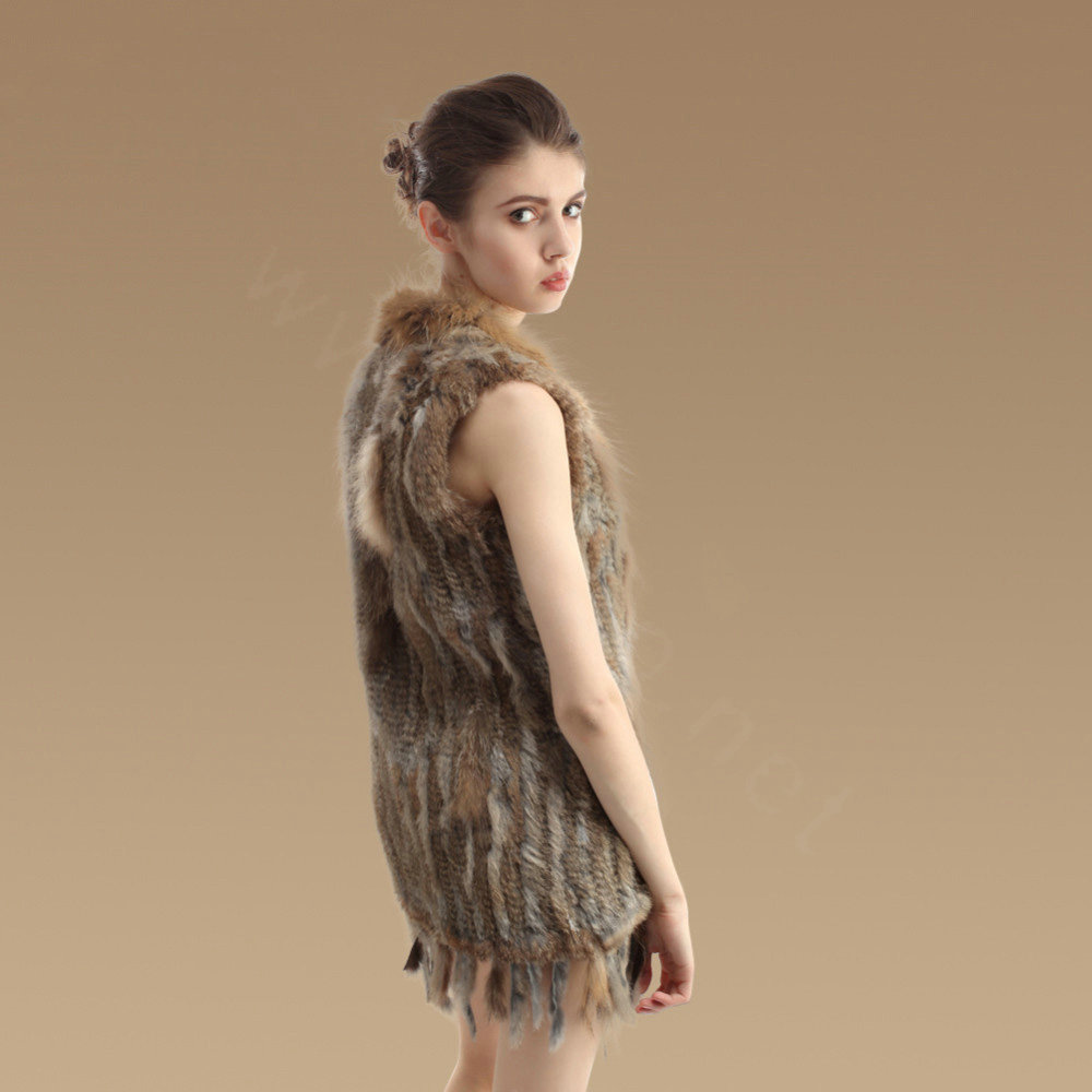 Delicate Natural Knit Rabbit Fur Vests Winter Fashion Women's Real Raccoon Fur Waistcoat - Brown