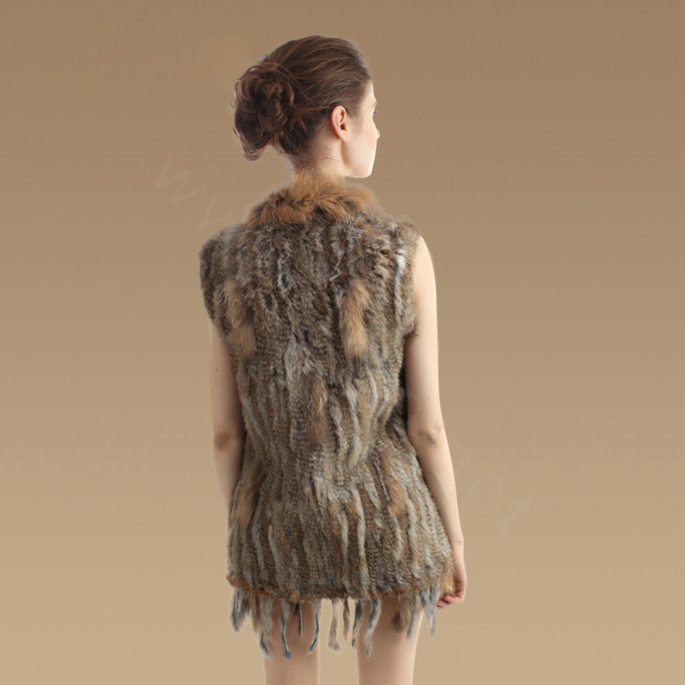 Delicate Natural Knit Rabbit Fur Vests Winter Fashion Women's Real Raccoon Fur Waistcoat - Brown