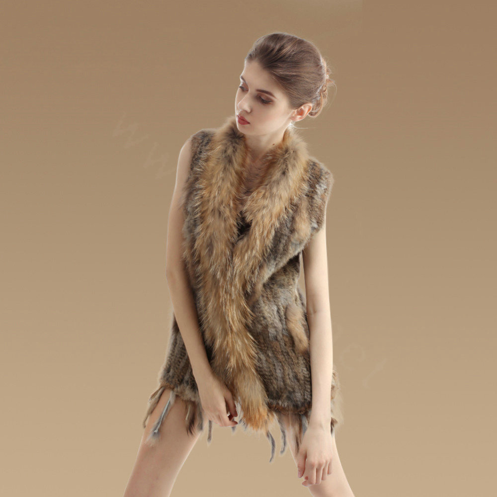 Delicate Natural Knit Rabbit Fur Vests Winter Fashion Women's Real Raccoon Fur Waistcoat - Brown