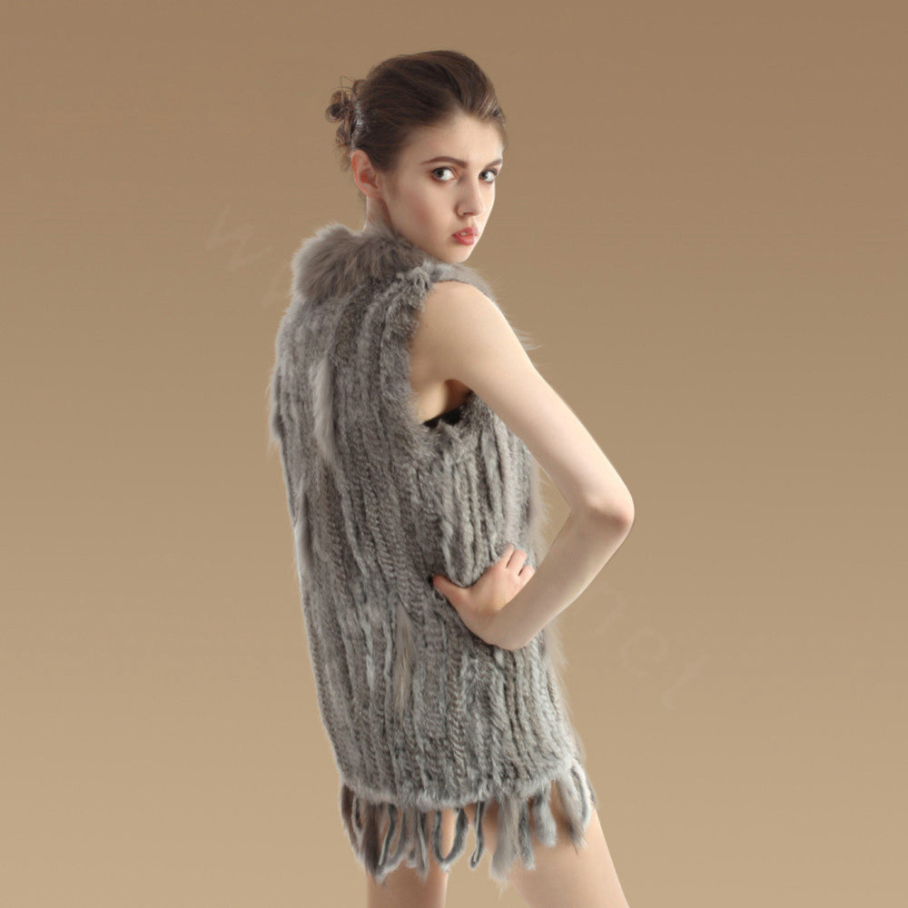 Delicate Natural Knit Rabbit Fur Vests Winter Fashion Women's Real Raccoon Fur Waistcoat - Grey