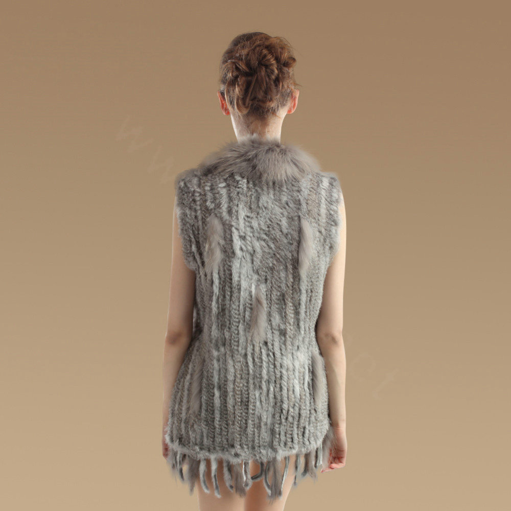Delicate Natural Knit Rabbit Fur Vests Winter Fashion Women's Real Raccoon Fur Waistcoat - Grey