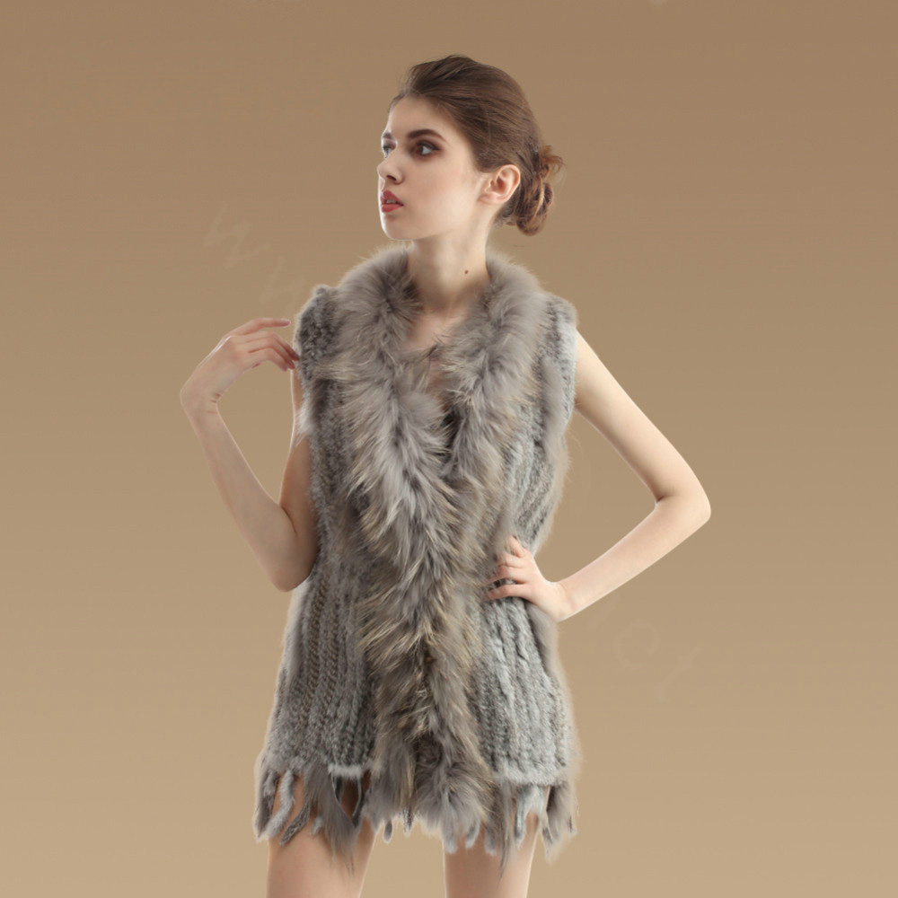 Delicate Natural Knit Rabbit Fur Vests Winter Fashion Women's Real Raccoon Fur Waistcoat - Grey