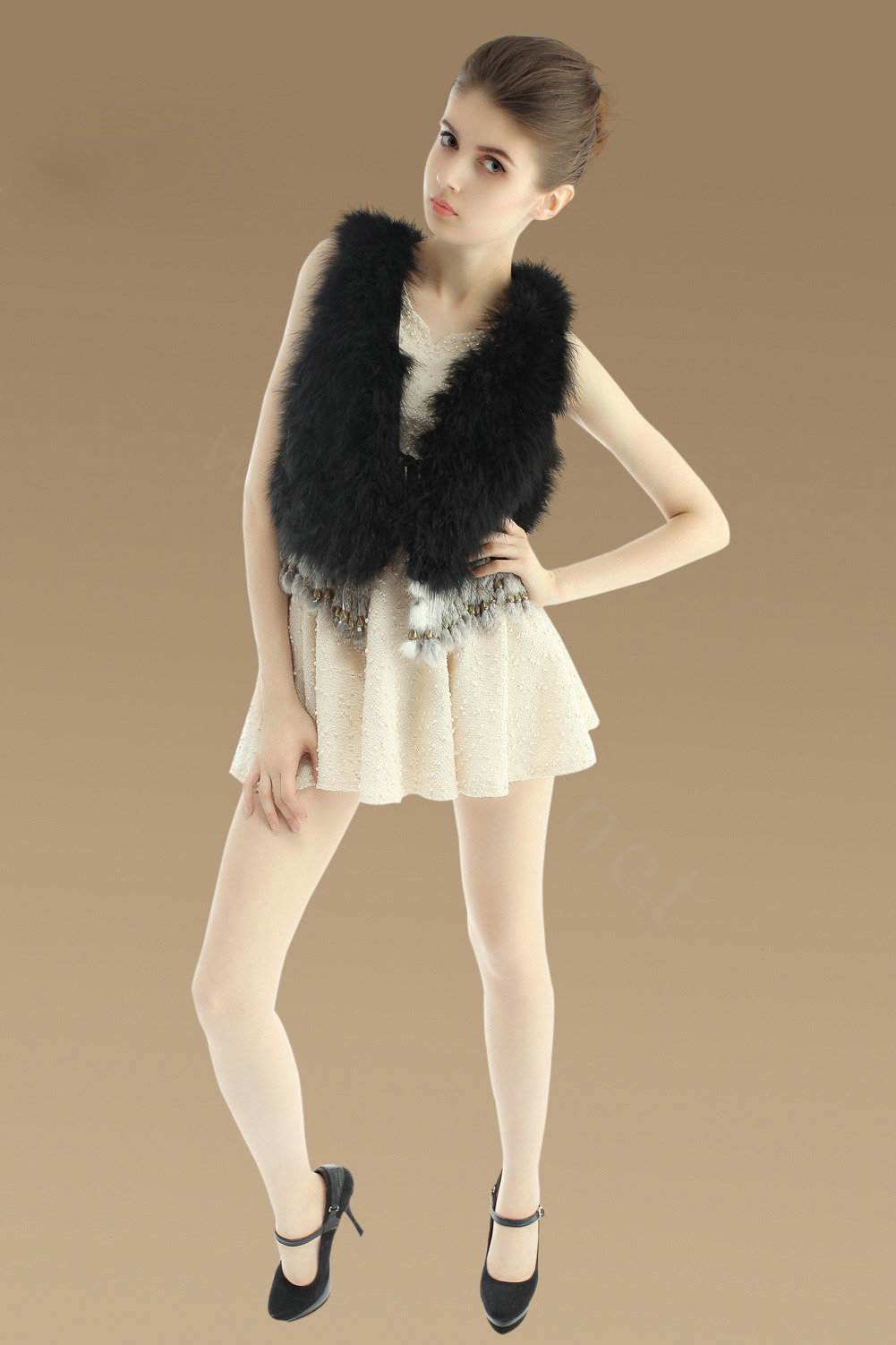 Delicate Nature Turkey Fur Vest With Ostrich Fur Waistcoat Fashion Women Fur Tassels Gilet - Black