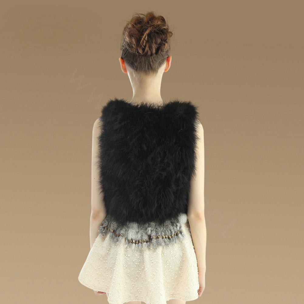 Delicate Nature Turkey Fur Vest With Ostrich Fur Waistcoat Fashion Women Fur Tassels Gilet - Black