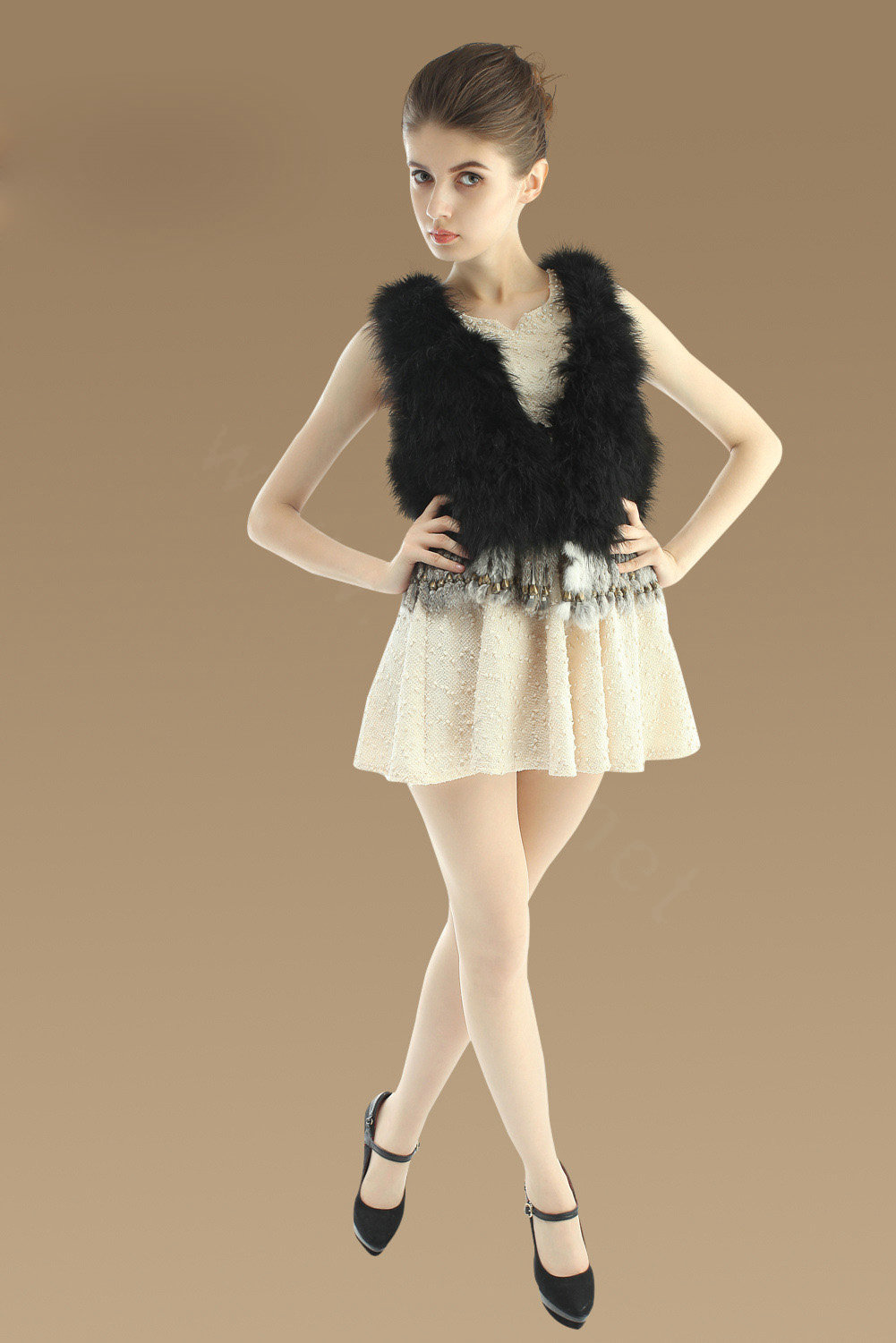 Delicate Nature Turkey Fur Vest With Ostrich Fur Waistcoat Fashion Women Fur Tassels Gilet - Black