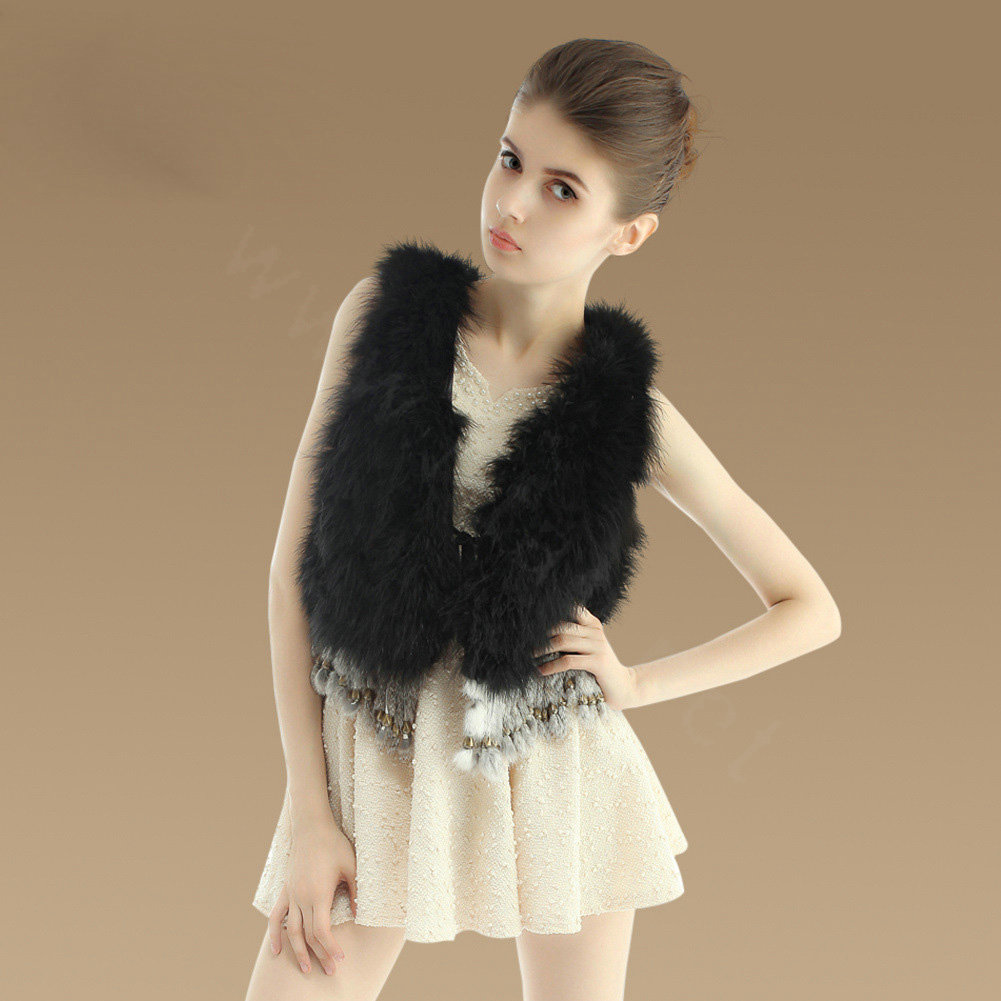 Delicate Nature Turkey Fur Vest With Ostrich Fur Waistcoat Fashion Women Fur Tassels Gilet - Black