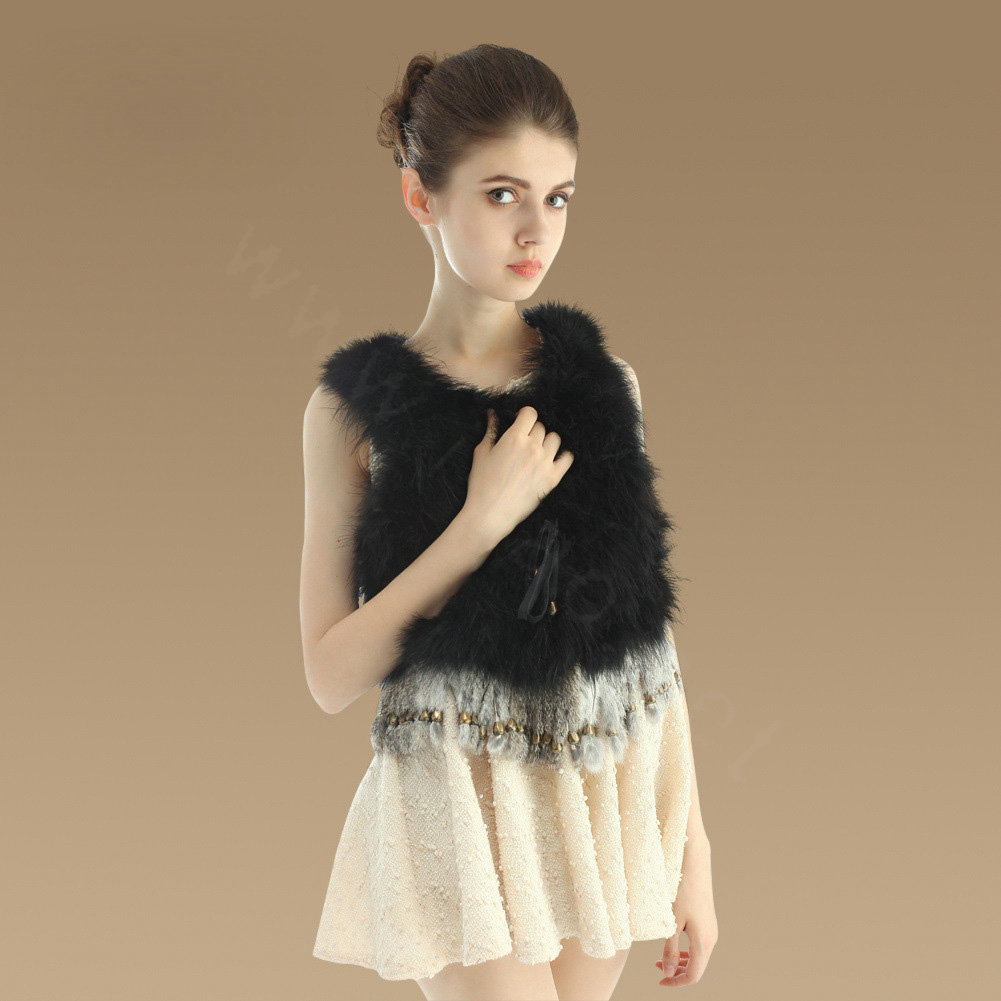 Delicate Nature Turkey Fur Vest With Ostrich Fur Waistcoat Fashion Women Fur Tassels Gilet - Black