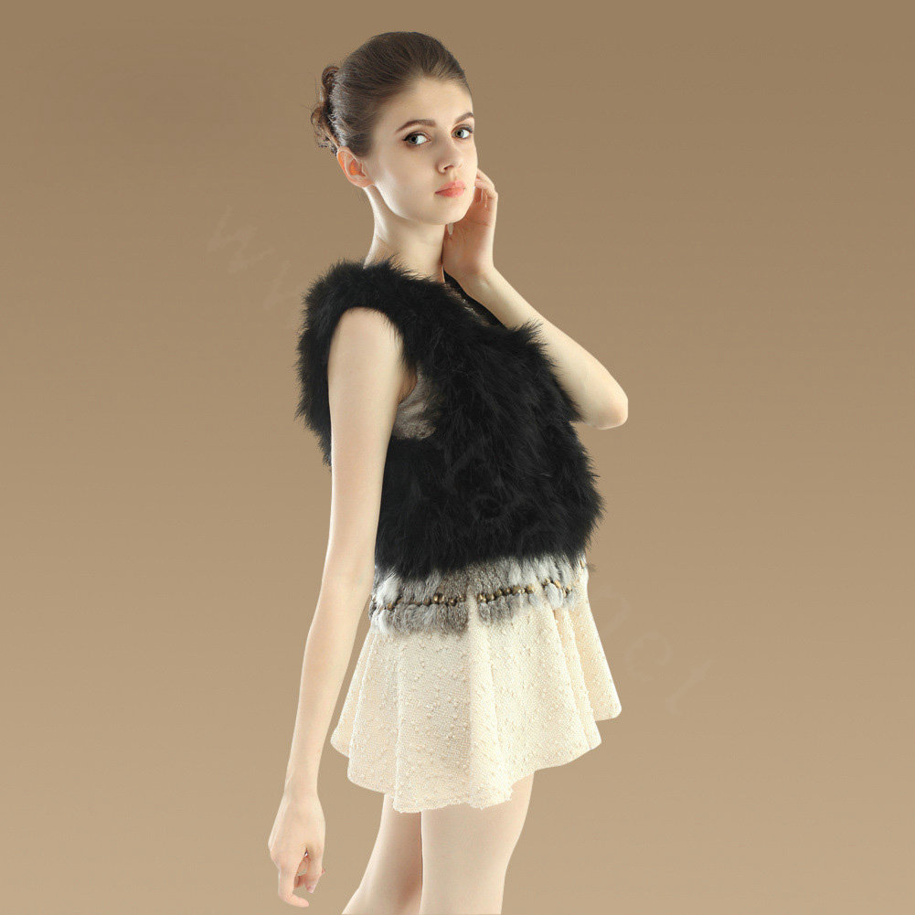 Delicate Nature Turkey Fur Vest With Ostrich Fur Waistcoat Fashion Women Fur Tassels Gilet - Black
