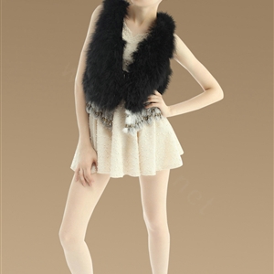 Delicate Nature Turkey Fur Vest With Ostrich Fur Waistcoat Fashion Women Fur Tassels Gilet - Black