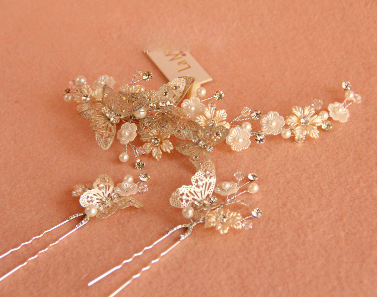 Elegant Bridal Butterfly Sliver Crystal Pearl Hairpins Sets Wedding Women Hair Barrettes Clip Accessories