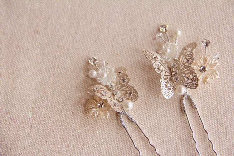 Elegant Bridal Butterfly Sliver Crystal Pearl Hairpins Sets Wedding Women Hair Barrettes Clip Accessories