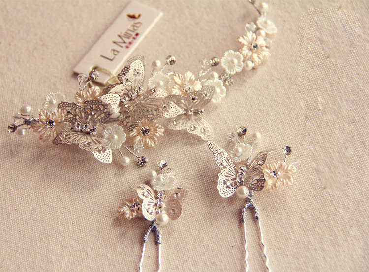 Elegant Bridal Butterfly Sliver Crystal Pearl Hairpins Sets Wedding Women Hair Barrettes Clip Accessories