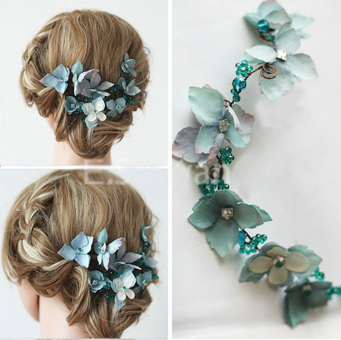 Elegant Bridal Crystal Bead Blue Simulation Flower Wedding Garland Frosted Headband Accessories